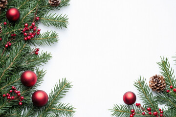 A Christmas tree with red balls and pine cones. The tree is surrounded by a white background. The image conveys a festive and joyful mood, as it is a representation of the holiday season