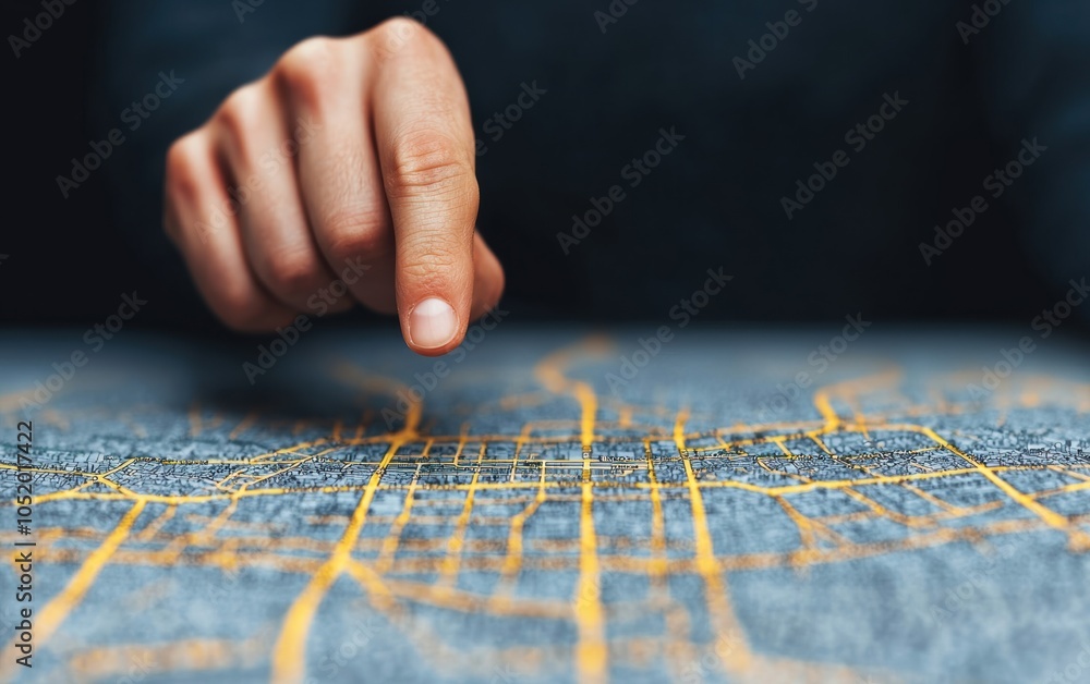 Poster A close-up of a hand pointing at a city map with yellow lines, illustrating navigation and exploration in an urban environment.