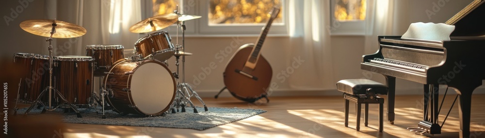 Sticker A cozy music room featuring a drum set, guitar, and piano, inviting creativity and practice.