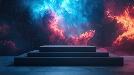geometric podium with fantastic starry sky and nebula background at night, background for e-commerce promotion