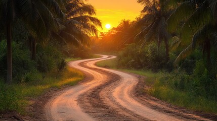 Obraz premium Winding Dirt Road through Palm Trees at Sunset