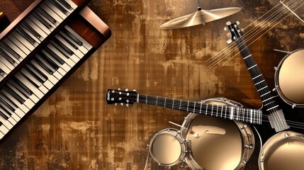 Naklejka premium A vibrant arrangement of musical instruments on a textured background, ideal for music-themed designs.