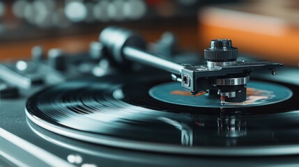 Vintage Turntable Needle Playing Vinyl Record Close Up