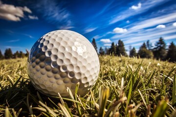 Golf ball on green grass ready to be shot.