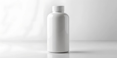 A white plastic bottle mockup standing on a white background, showcasing product labels for health or beauty