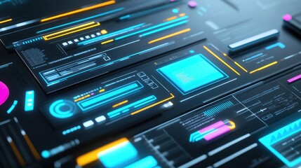 Obraz premium A futuristic interface design featuring vibrant data panels and digital elements.