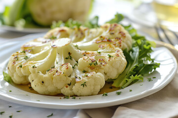 Cauliflower steak. Delicious baked cauliflower steaks on a plate in restaurant. Healthy eating, plant based meat substitute concept. Vegetarian diet. Vegan food dish, roasted cauliflower