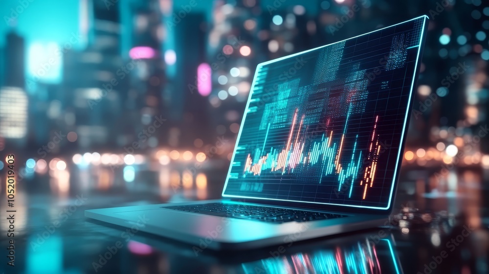 Poster boost productivity with a sleek laptop, visualize data insights on vibrant charts for enhanced busin