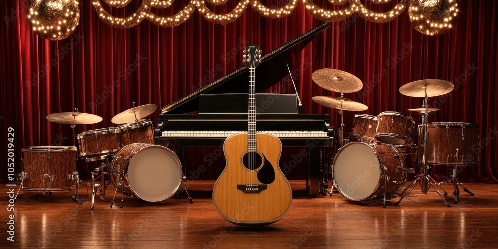 Canvas Prints A stage setup featuring a guitar, piano, and drums, ideal for a live music performance.