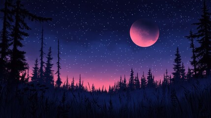 Naklejka premium Silhouetted Trees and a Pink Moon Under a Starry Night Sky