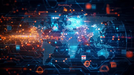 Obraz premium A digital world map with flags representing various international headquarters