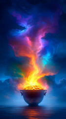 A silver cauldron with glowing gold inside, surrounded by vibrant, magical smoke.