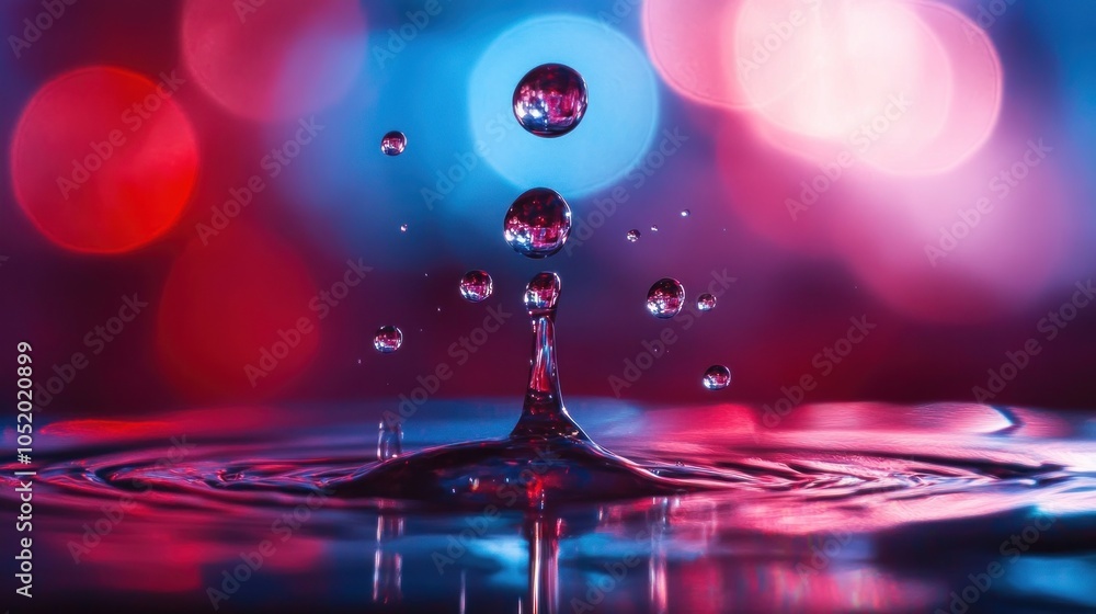 Poster a single water drop creates a splash and ripples in a pool of water, illuminated by colorful bokeh l