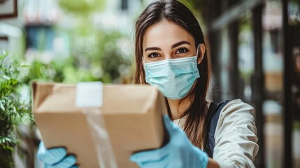 Happy Delivery Person with Package Outdoors in Mask