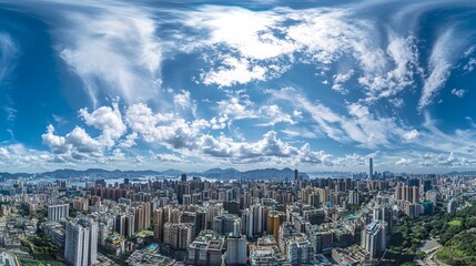 Stunning aerial view of Hong Kong cityscape under blue skies. AI generated illustration