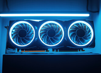 Modern graphics processing unit with blue illuminated fans, close-up view