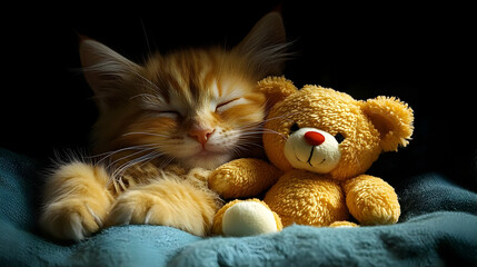 Fototapeta premium Orange Kitten and Teddy Bear Sleeping on Blue Blanket - Photo