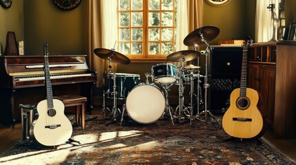 Naklejka premium A cozy music room featuring a piano, drums, and guitars, inviting creativity and performance.