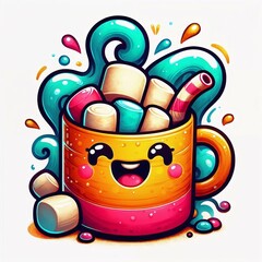 Naklejka premium Hot Chocolate Cup with Marshmallows in Vibrant Colors
