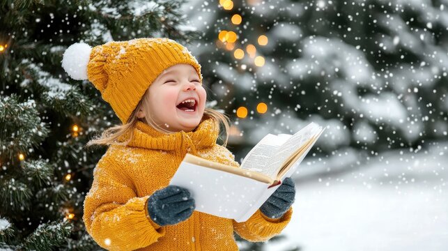 A girl in a yellow sweater joyfully reads a book outdoors, surrounded by a sparkling Christmas tree and falling snowflakes
