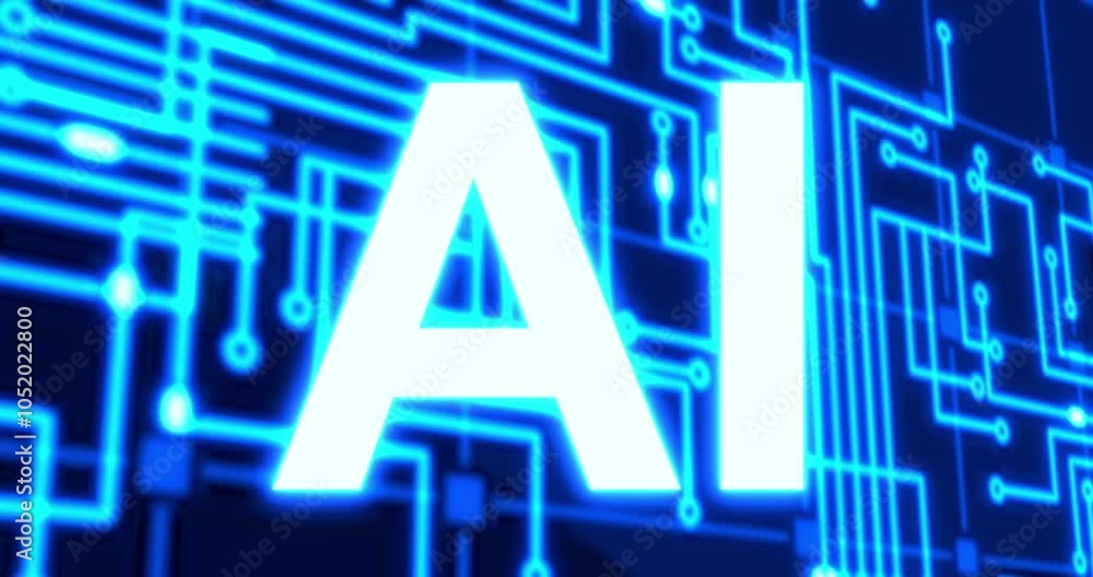 Wall mural futuristic movement of blue matrix digital vertical and horizontal circuit lines with on right ai wo