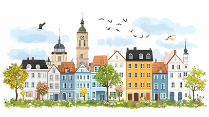 Colorful historic European city skyline with flowers and trees.