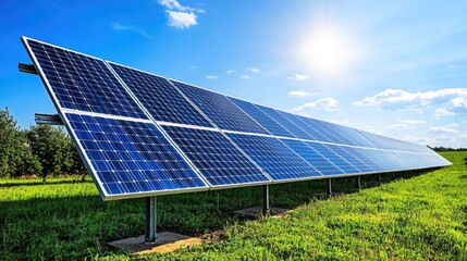 Solar Panels Under Bright Blue Sky with Sunlight