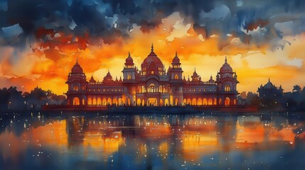 Obraz premium charming watercolor depiction of the mysore palace silhouetted against a vibrant sunset, embodying the cultural significance and beauty of the mysore dasara festival, rich in tradition and color