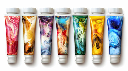 Eight colorful tubes of paint with marbleized designs.