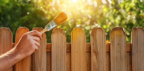 Handyman painting wooden fence in garden during