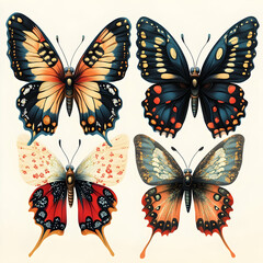 Obraz premium Four colorful butterfly illustrations on a white background.
