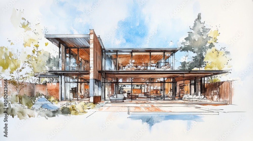 Poster modern house design with expansive windows, a sketch emphasizing natural light and open living space