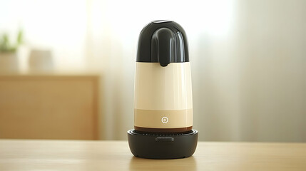 Modern Coffee Maker on Wooden Table, coffee machine, electric coffee maker, coffee pot, black and beige coffee maker, coffee appliance