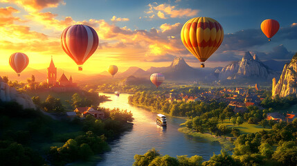 Fototapeta premium Hot Air Balloons Over a River and Town - Digital Illustration