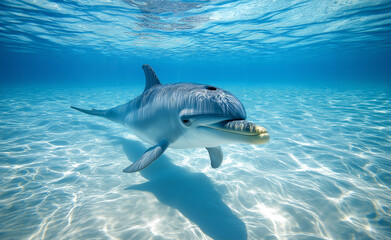 Fototapeta premium Dolphin Swimming Underwater: A dolphin gracefully swims through clear, sunlit ocean water, showcasing its natural beauty.