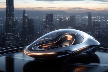 Obraz premium futuristic pod-style vehicle with sleek design and panoramic cityscape, illuminated high-rise buildings at dusk, showcasing advanced technology and luxury interior in modern urban environment