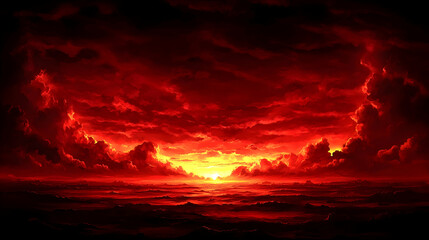 Fototapeta premium Dramatic Red Sunset Over Ocean, clouds, red sky, dramatic sky, fiery sky, golden light