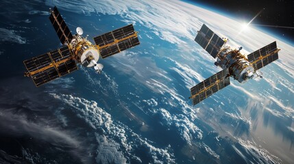 International satellites orbiting a digital world, representing global communications