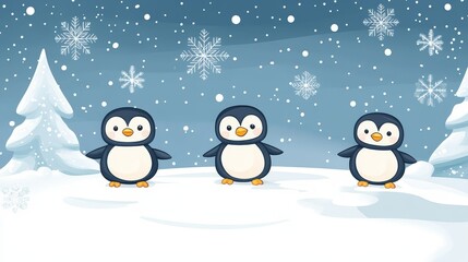 Fototapeta premium Three penguins embrace the chill, a captivating scene of wildlife in winter wonderland
