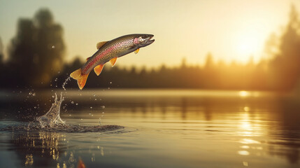 Fototapeta premium Jumping Trout at Sunset: A trout fish jumps out of the water with splashes in a serene lake during sunset.