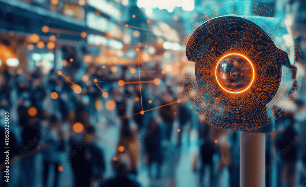 Poster surveillance camera in crowd: close-up of a surveillance camera monitoring a busy urban area with di