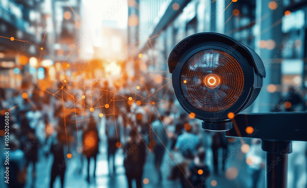 Poster surveillance camera in crowd: close-up of a surveillance camera monitoring a busy urban area with di