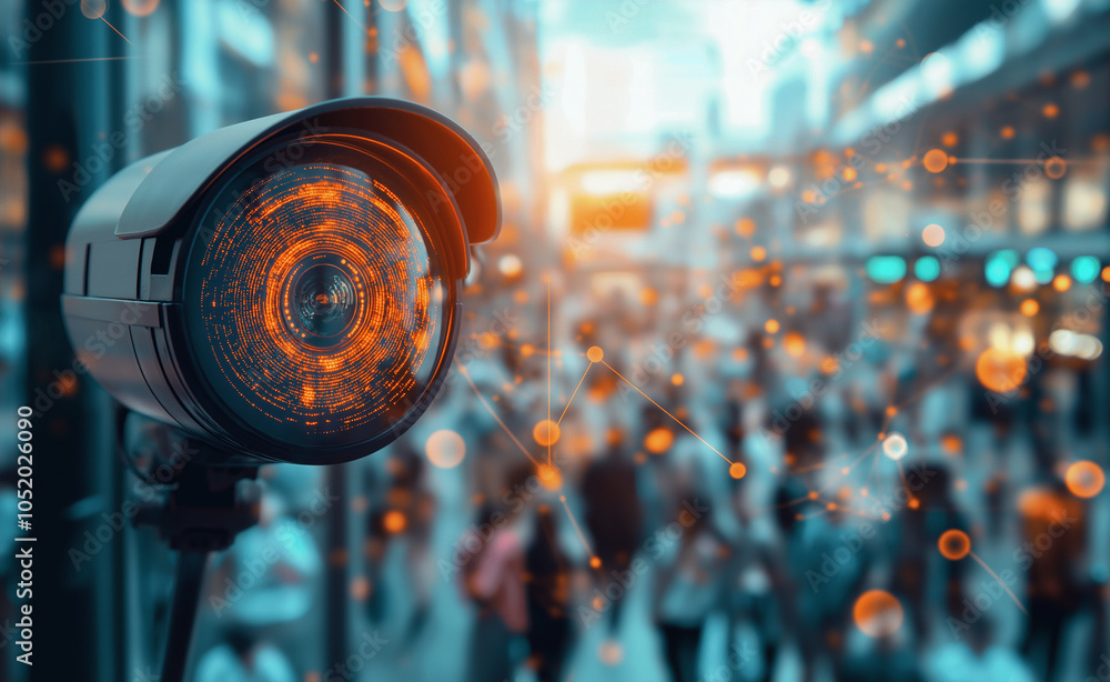 Poster surveillance camera in crowd: close-up of a surveillance camera monitoring a busy urban area with di