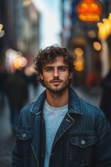 Fototapeta premium Confident Man in Denim Jacket on City Street at Dusk