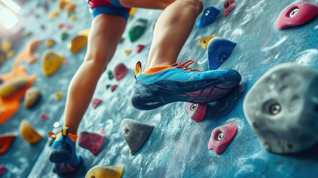 Close-Up of Athlete’s Feet Climbing Indoor Rock Wall