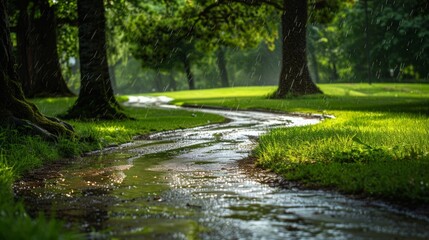 Obraz premium Gentle Rain on Lush Parkland, soft rain drizzles on vibrant greenery, creating delicate ripples in puddles along the winding pathway, evoking a serene, tranquil atmosphere.