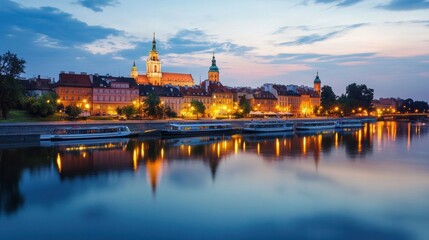 Fototapeta premium Poland's stunning nighttime cityscape of Warsaw, featuring the Palace of Culture. 