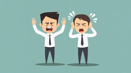 Two frustrated businessmen expressing their emotions in a cartoon style, conveying workplace stress.