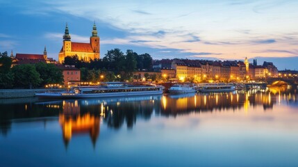 Naklejka premium Poland's stunning nighttime cityscape of Warsaw, featuring the Palace of Culture. 