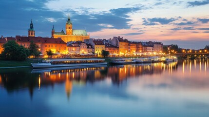 Obraz premium Poland's stunning nighttime cityscape of Warsaw, featuring the Palace of Culture. 
